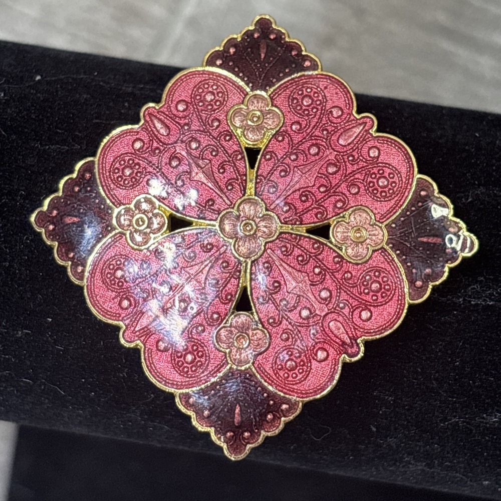 Vintage Fish Cloisonné Brooch Red Pink Floral Enamel 22K Gold Plated Pin